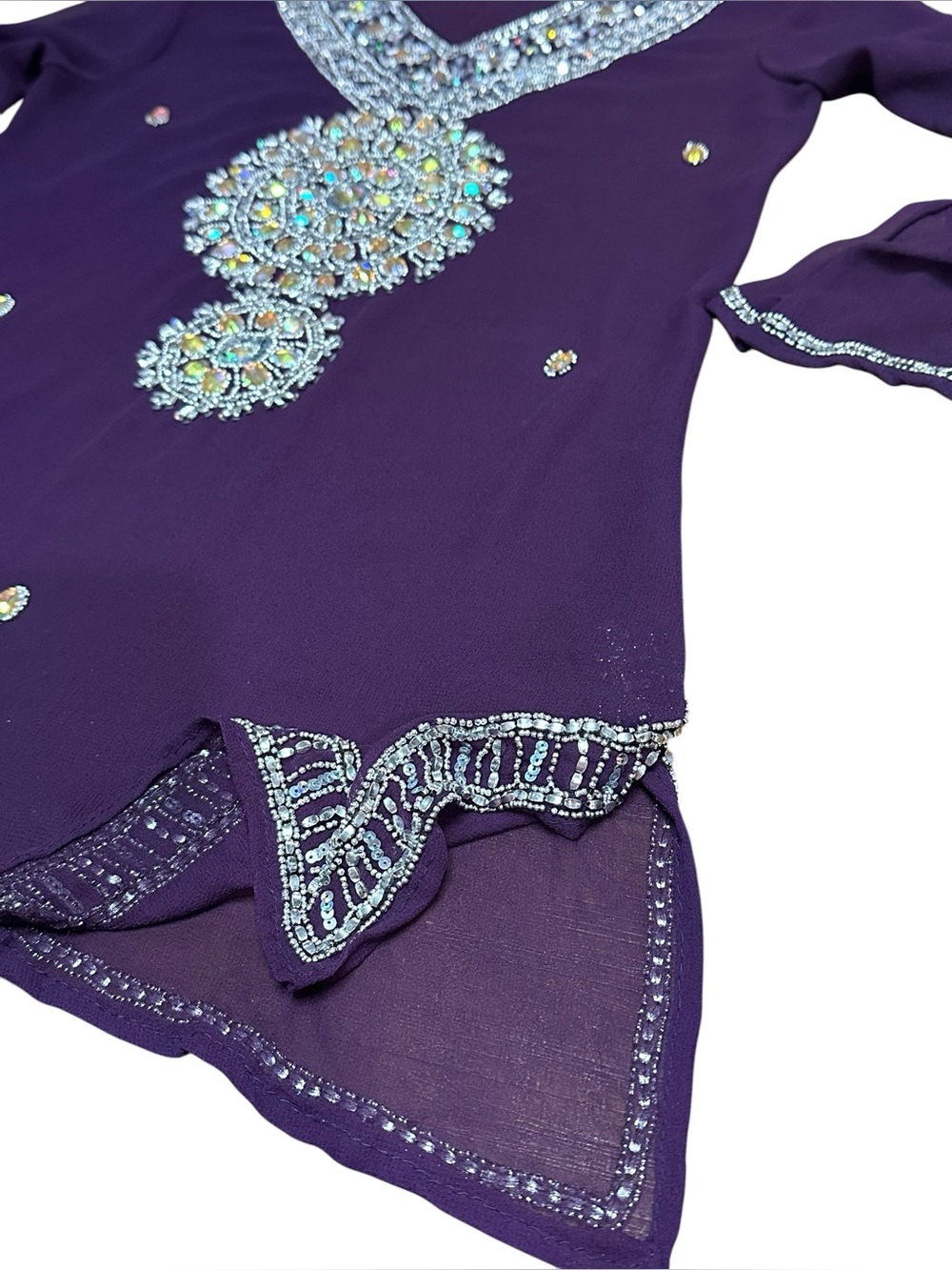 Made in India Embellished Purple Tunic Dress‎ Top 2XL Beaded Sequin Sheer Sleeve - Picture 2 of 14